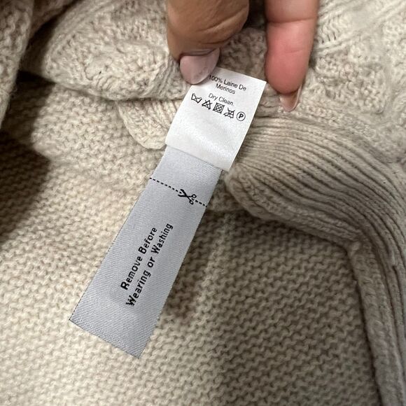 Madewell Beige Merino Wool Cable Knit Crew Neck Long Sleeve Pom Pullover Sweater - Picture 7 of 11